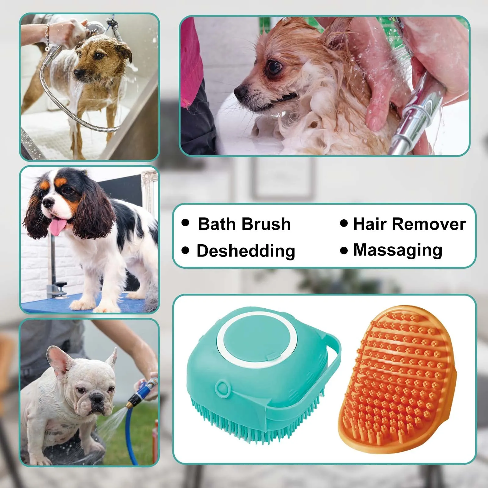 2Pack Dog Bath Brush, Dog Bath Scrubber Shampoo Dispenser Brush, Pet Bath Massage Shower Soap Brush Soft Silicone for Short & Long Haired Dogs and Cats Washing, ISWAYSTORE