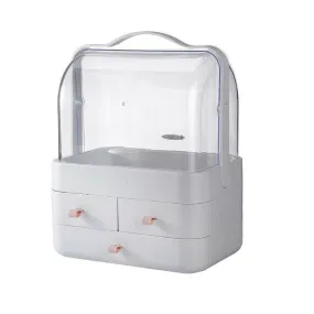 Cosmetics Storage Boxes Portable Dust-proof Makeup Jewelry Case Desktop Drawer(White-Pink)