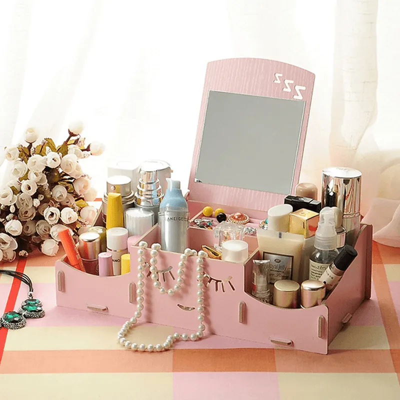 Creative Diy Wooden Cosmetic Storage Box Desktop Storage Container with Mirror Desktop Organizer