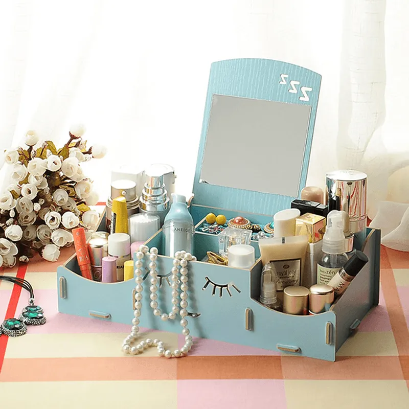 Creative Diy Wooden Cosmetic Storage Box Desktop Storage Container with Mirror Desktop Organizer