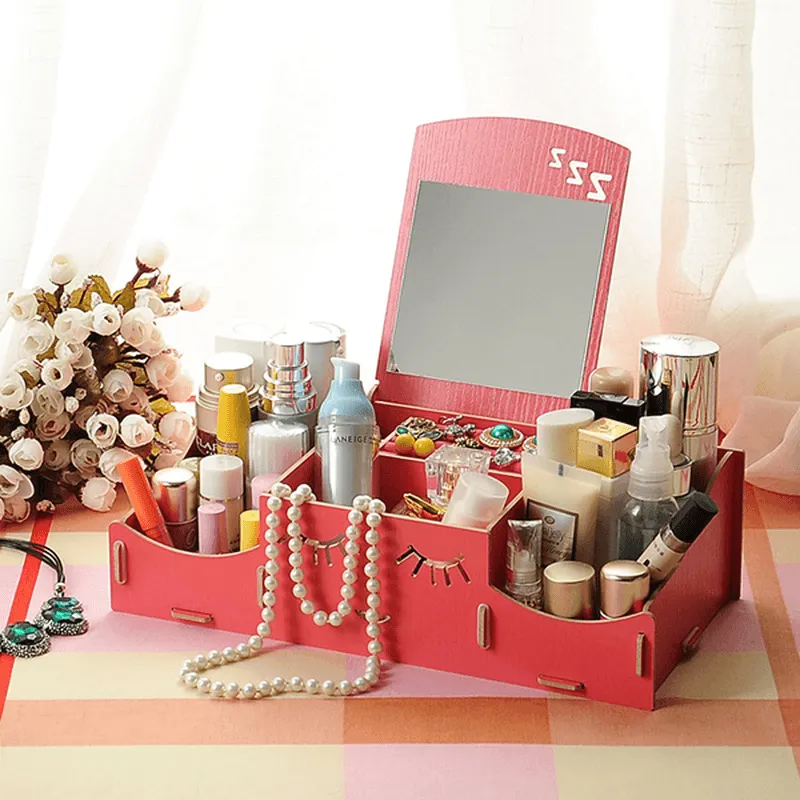 Creative Diy Wooden Cosmetic Storage Box Desktop Storage Container with Mirror Desktop Organizer