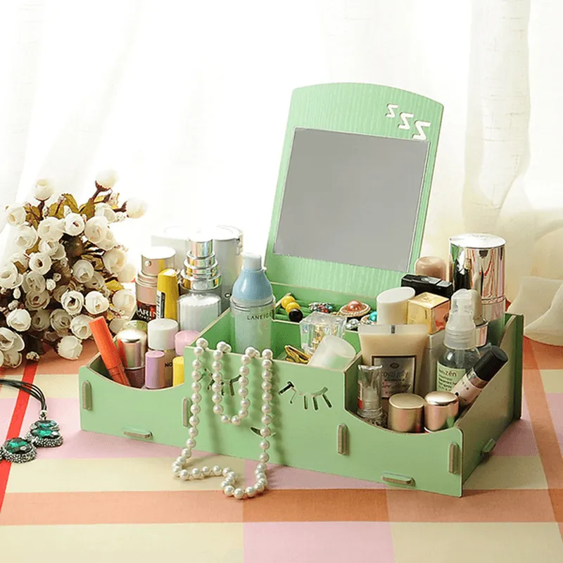 Creative Diy Wooden Cosmetic Storage Box Desktop Storage Container with Mirror Desktop Organizer