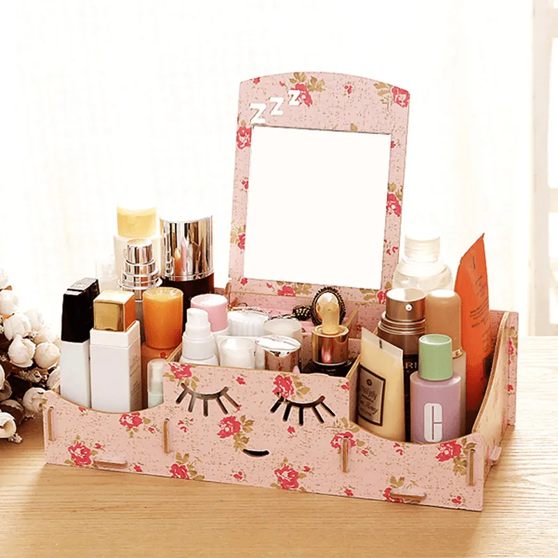 Creative Diy Wooden Cosmetic Storage Box Desktop Storage Container with Mirror Desktop Organizer