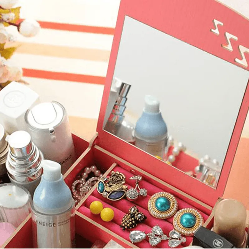 Creative Diy Wooden Cosmetic Storage Box Desktop Storage Container with Mirror Desktop Organizer