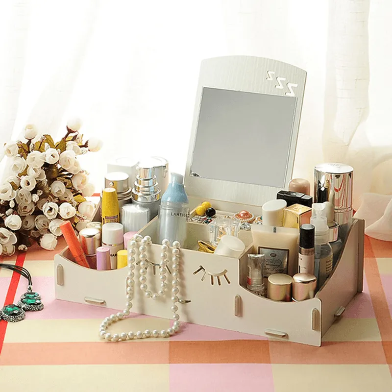 Creative Diy Wooden Cosmetic Storage Box Desktop Storage Container with Mirror Desktop Organizer