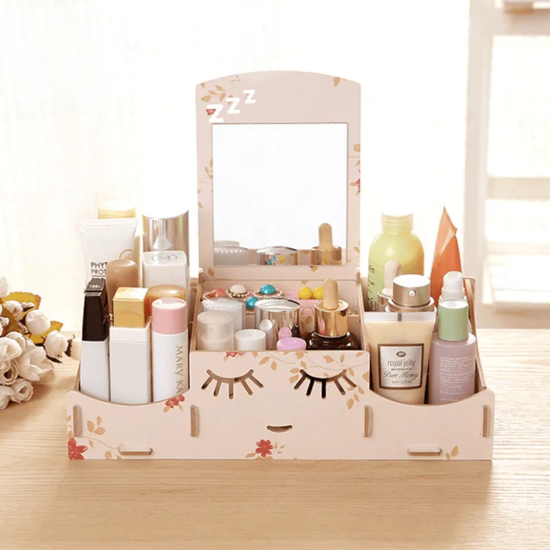 Creative Diy Wooden Cosmetic Storage Box Desktop Storage Container with Mirror Desktop Organizer