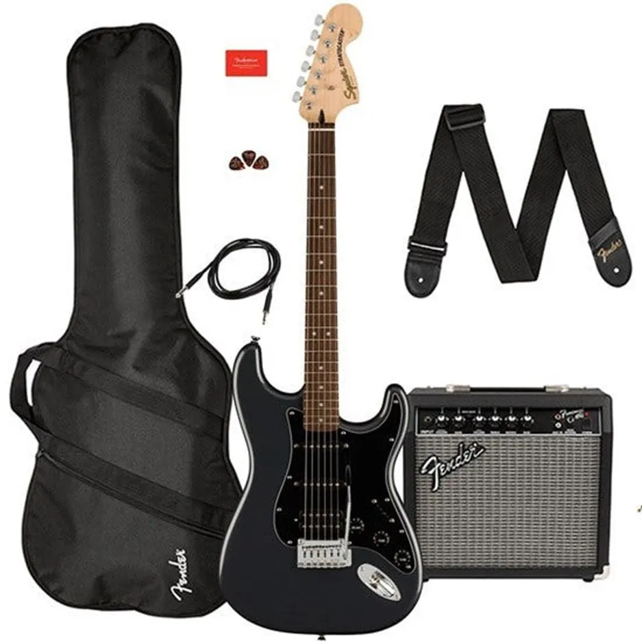 Squier Affinity Strat HSS Pack w/ Gig Bag & Frontman 15G (Charcoal Frost Metallic)