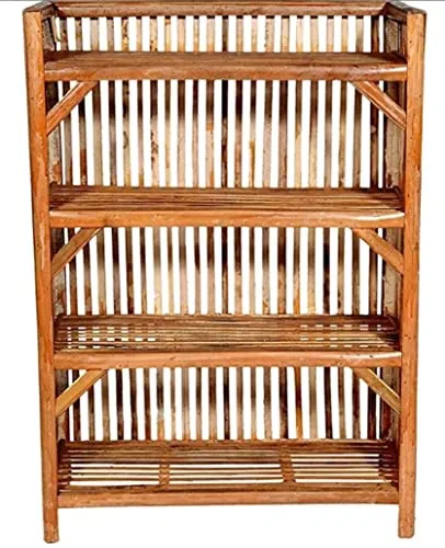 Synergy - Natural Bamboo Cane Multipurpose Rack for Shoes Books Slipper Planter Organize Rack with 4 self or compartmaent,Size:27 * 24 * 12 inch, Utility Rack Colour:Brown