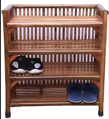 Synergy - Natural Bamboo Cane Multipurpose Rack for Shoes Books Slipper Planter Organize Rack with 4 self or compartmaent,Size:27 * 24 * 12 inch, Utility Rack Colour:Brown