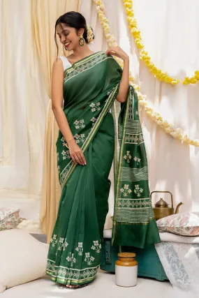 Teejh Green Chilli Bottle Green Block Print Chanderi Silk Saree